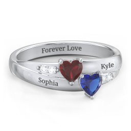 Double Heart Gemstone Ring with Accents in 925 Sterling Silver with Garnet and Blue Sapphire