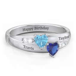 Double Heart Gemstone Ring with Accents in 925 Sterling Silver with Blue Topaz and Blue Sapphire