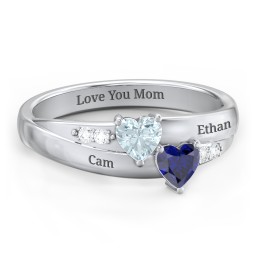 Double Heart Gemstone Ring with Accents in 925 Sterling Silver with Aquamarine and Blue Sapphire