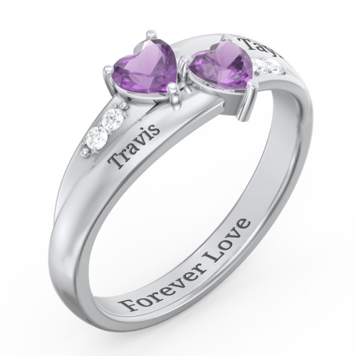 Double Heart Gemstone Ring with Accents – Sterling Silver with Amethyst and Cubic Zirconia