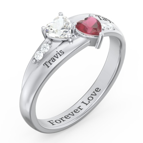 Double Heart Gemstone Ring with Accents – Sterling Silver with Cubic Zirconia and Ruby