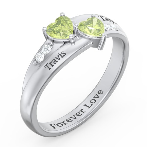 Double Heart Gemstone Ring with Accents – Sterling Silver with Peridot and Cubic Zirconia
