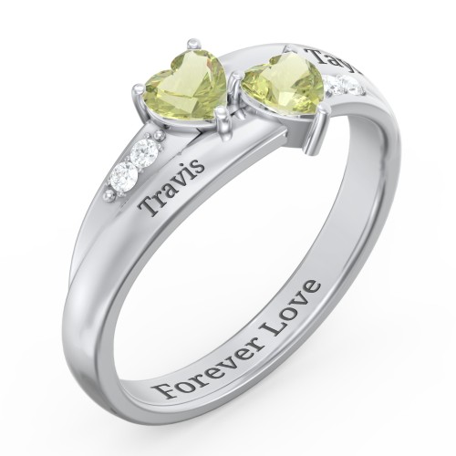 Double Heart Gemstone Ring with Accents – Sterling Silver with Peridot and Cubic Zirconia
