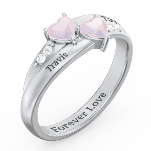 Double Heart Gemstone Ring with Accents – Sterling Silver with Opal and Cubic Zirconia