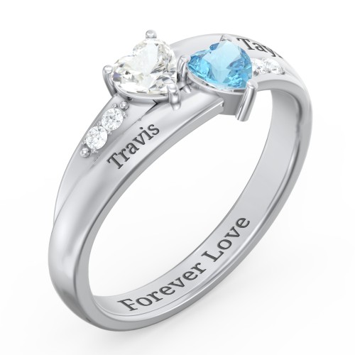 Double Heart Gemstone Ring with Accents – Sterling Silver with Cubic Zirconia and Blue Topaz