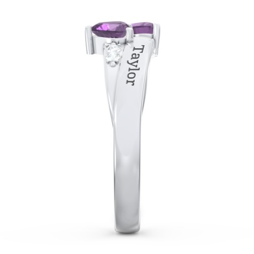 Double Heart Gemstone Ring with Accents – Sterling Silver with Amethyst and Cubic Zirconia