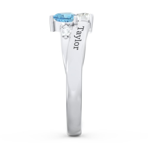 Double Heart Gemstone Ring with Accents – Sterling Silver with Cubic Zirconia and Blue Topaz