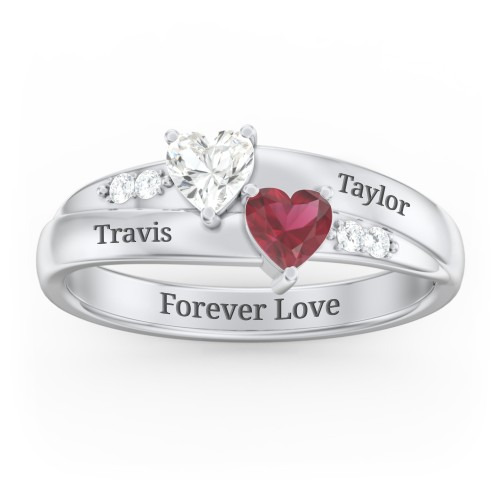 Double Heart Gemstone Ring with Accents – Sterling Silver with Cubic Zirconia and Ruby
