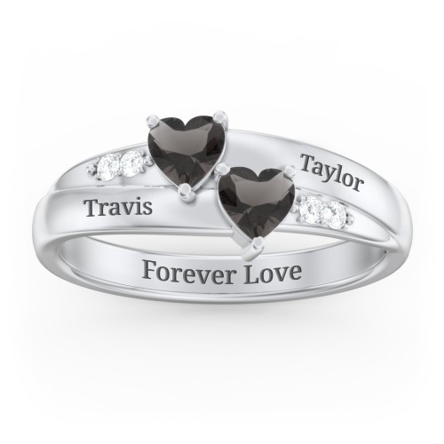Double Heart Gemstone Ring with Accents – Sterling Silver with Smokey Quartz and Cubic Zirconia