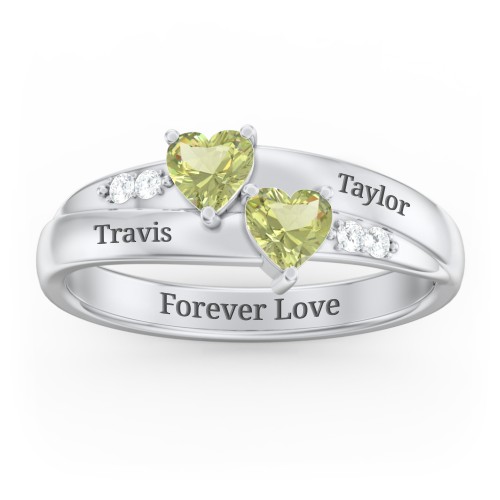 Double Heart Gemstone Ring with Accents – Sterling Silver with Peridot and Cubic Zirconia