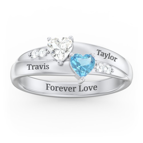 Double Heart Gemstone Ring with Accents – Sterling Silver with Cubic Zirconia and Blue Topaz