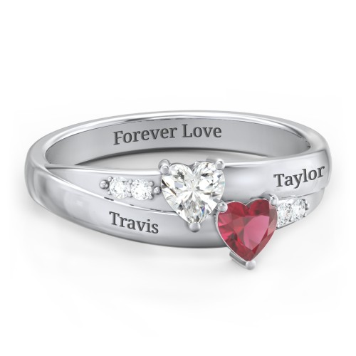 Double Heart Gemstone Ring with Accents – Sterling Silver with Cubic Zirconia and Ruby