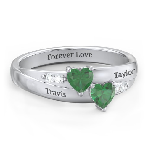 Double Heart Gemstone Ring with Accents – Sterling Silver with Emerald and Cubic Zirconia