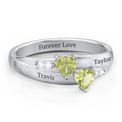 Double Heart Gemstone Ring with Accents – Sterling Silver with Peridot and Cubic Zirconia