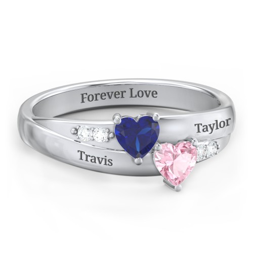 Double Heart Gemstone Ring with Accents – Sterling Silver with Blue Sapphire, Pink Tourmaline, and Cubic Zirconia
