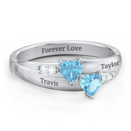 Double Heart Gemstone Ring with Accents – Sterling Silver with Blue Topaz and Cubic Zirconia