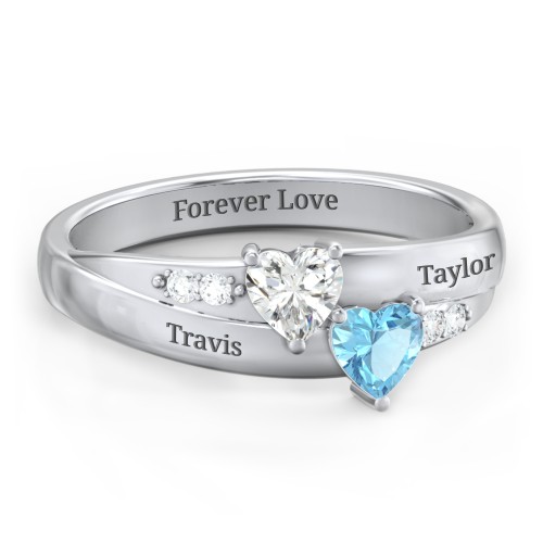 Double Heart Gemstone Ring with Accents – Sterling Silver with Cubic Zirconia and Blue Topaz