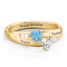 Double Heart Gemstone Ring with Accents in 9K Solid Yellow Gold with Blue Topaz and Cubic Zirconia