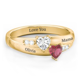 Double Heart Gemstone Ring with Accents in 9K Solid Yellow Gold with Ruby and Cubic Zirconia