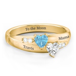 Double Heart Gemstone Ring with Accents in 9K Solid Yellow Gold with Blue Topaz and Cubic Zirconia