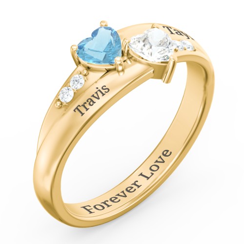 Double Heart Gemstone Ring with Accents – 9kt Yellow Gold with Blue Topaz and Cubic Zirconia