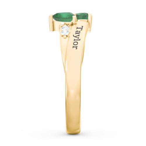 Double Heart Gemstone Ring with Accents – 9kt Yellow Gold with Emerald and Cubic Zirconia