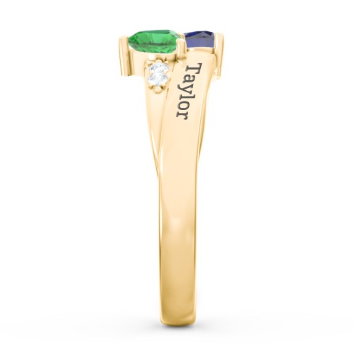 Double Heart Gemstone Ring with Accents – 9kt Yellow Gold with Blue Sapphire, Emerald, and Cubic Zirconia