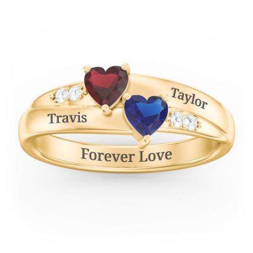 Double Heart Gemstone Ring with Accents – 9kt Yellow Gold with Garnet, Blue Sapphire, and Cubic Zirconia