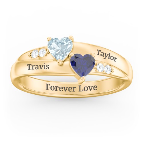 Double Heart Gemstone Ring with Accents – 9kt Yellow Gold with Aquamarine, Blue Sapphire, and Cubic Zirconia