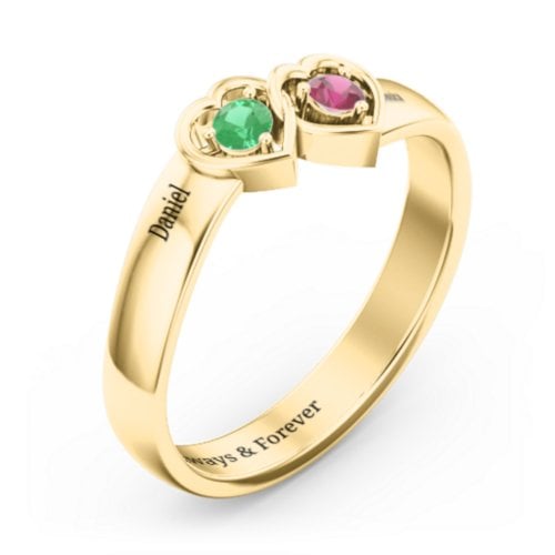 Double Interlocked Hearts Ring – 9kt Yellow Gold with Emerald and Ruby
