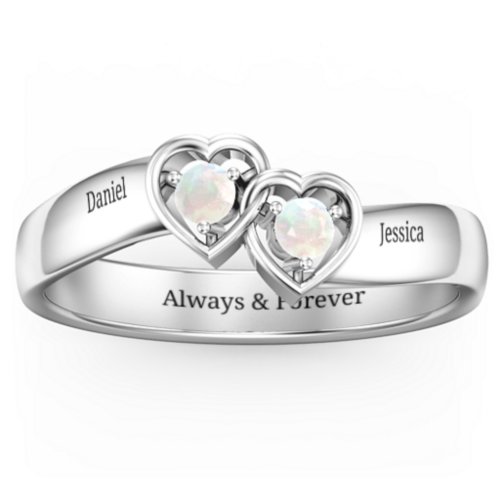 Double Interlocked Hearts Ring – Sterling Silver with Opal