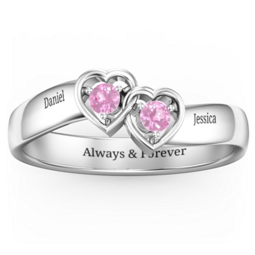 Double Interlocked Hearts Ring – Sterling Silver with Pink Sapphire