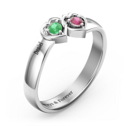 Double Interlocked Hearts Ring – Sterling Silver with Emerald and Ruby