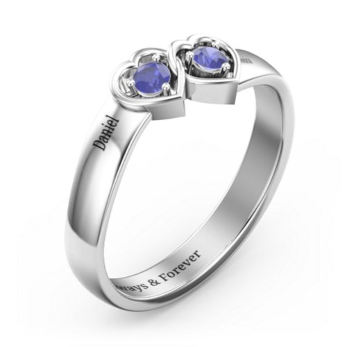 Double Interlocked Hearts Ring – Sterling Silver with Blue Sapphire