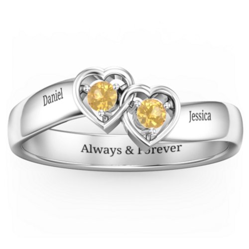 Double Interlocked Hearts Ring – Sterling Silver with Citrine