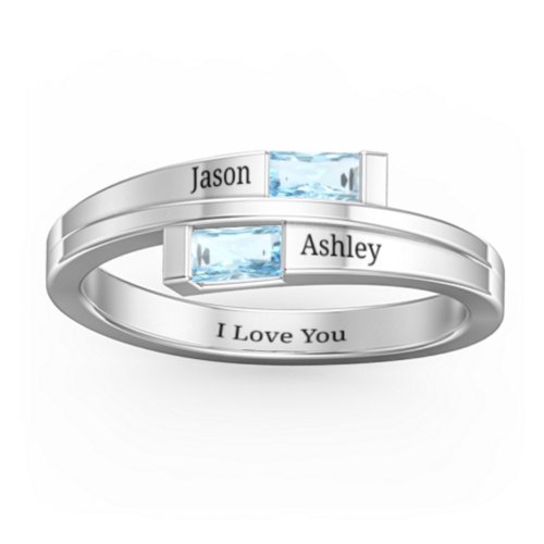 Double Baguette Bypass Ring – Sterling Silver with Blue Topaz