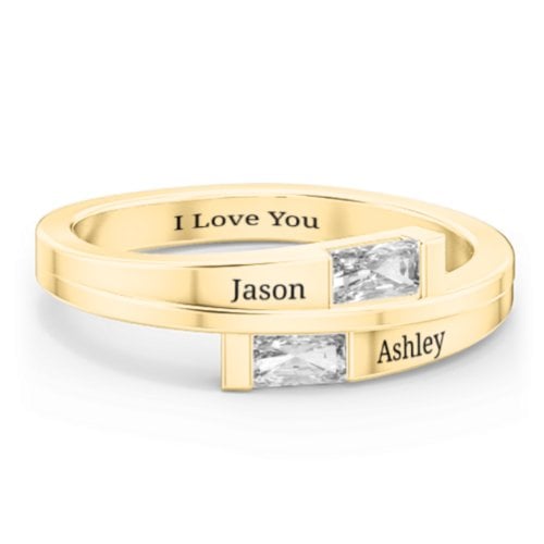 Double Baguette Bypass Ring – 9kt Yellow Gold with White Sapphire