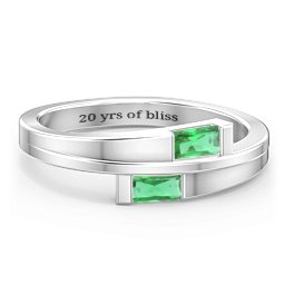 Double Baguette Bypass Ring in 925 Sterling Silver with Emerald
