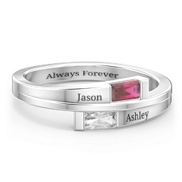 Double Baguette Bypass Ring in 925 Sterling Silver with Ruby and Cubic Zirconia