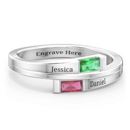 Double Baguette Bypass Ring in 925 Sterling Silver with Emerald and Ruby
