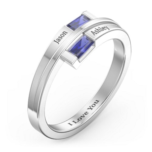 Double Baguette Bypass Ring – Sterling Silver with Blue Sapphire