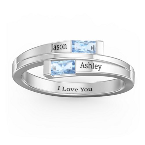 Double Baguette Bypass Ring – Sterling Silver with Blue Topaz