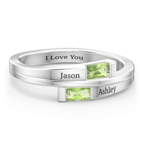 Double Baguette Bypass Ring – Sterling Silver with Peridot