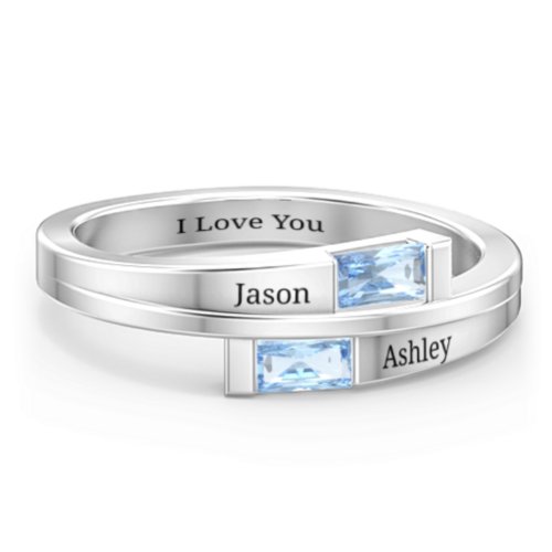 Double Baguette Bypass Ring – Sterling Silver with Blue Topaz
