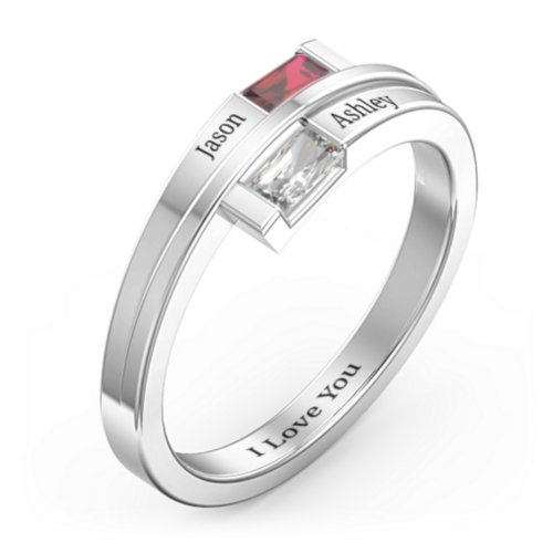 Double Baguette Bypass Ring – 9kt White Gold with Garnet and Cubic Zirconia