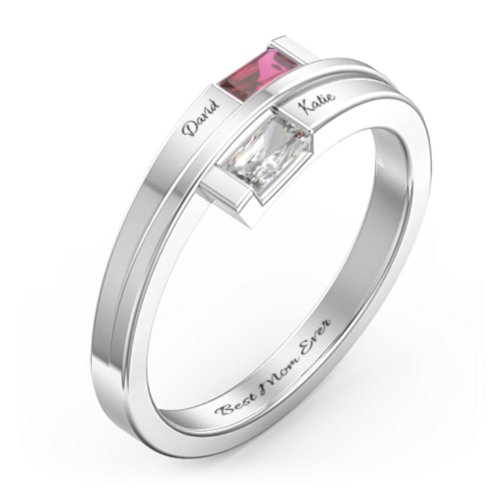 Double Baguette Bypass Ring – 9kt White Gold with Ruby and Cubic Zirconia