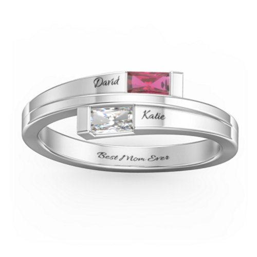 Double Baguette Bypass Ring – 9kt White Gold with Ruby and Cubic Zirconia
