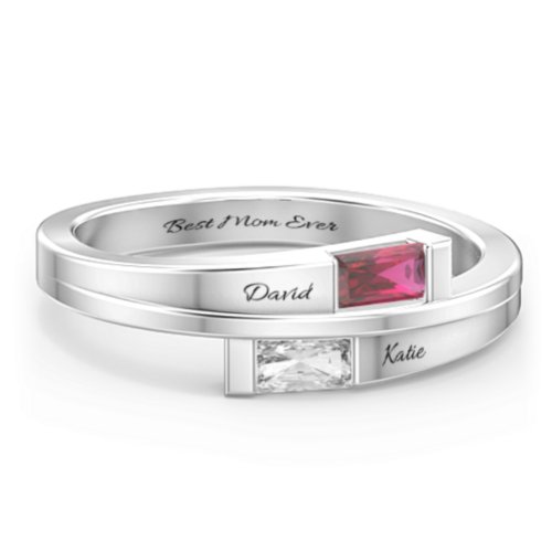 Double Baguette Bypass Ring – 9kt White Gold with Ruby and Cubic Zirconia