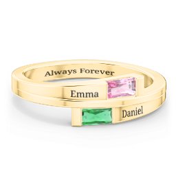 Double Baguette Bypass Ring in 9K Solid Yellow Gold with Pink Tourmaline and Emerald