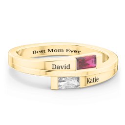 Double Baguette Bypass Ring in 9K Solid Yellow Gold with Ruby and Cubic Zirconia
